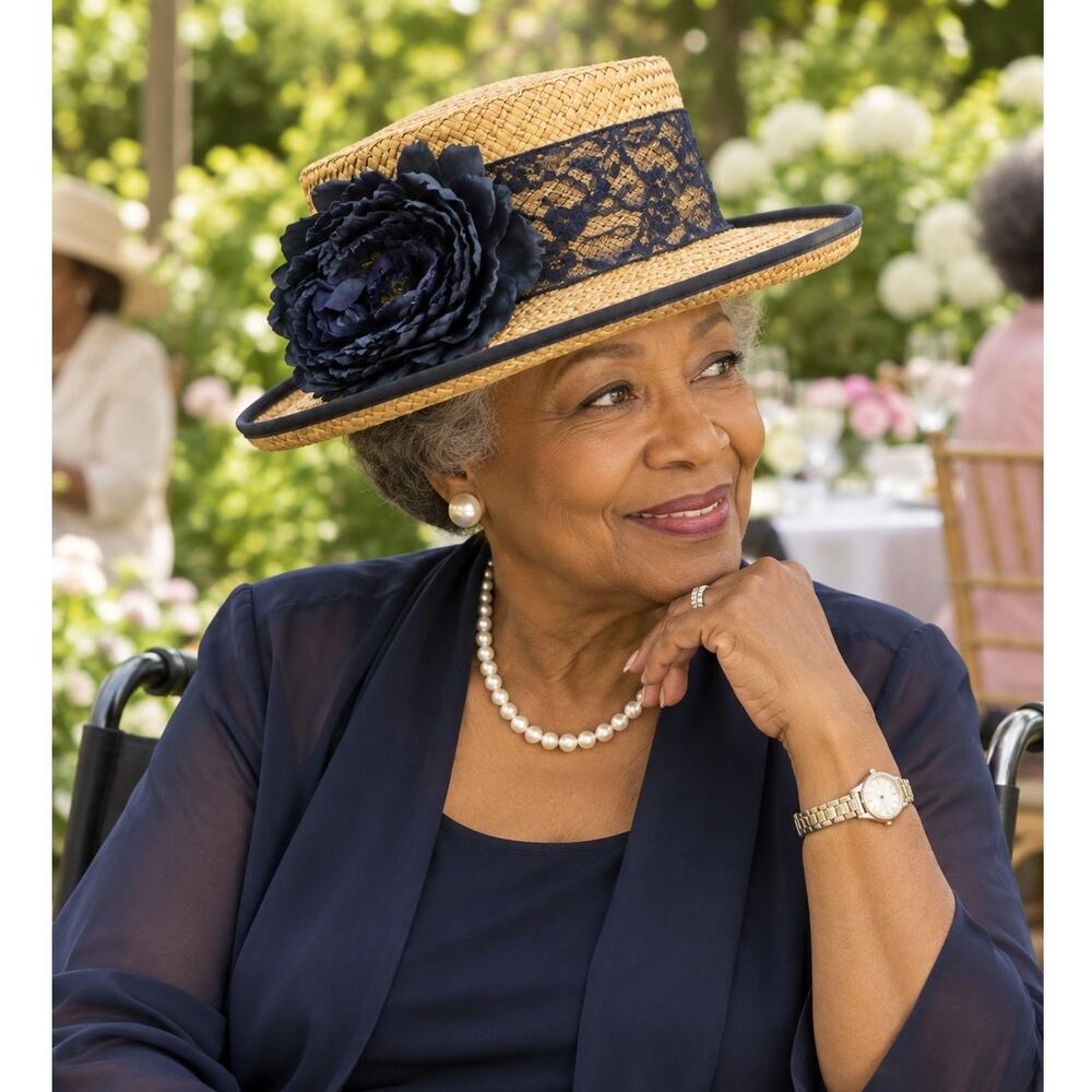 Top This Tan Woven Boater Style Hat with Black Lace and Flower